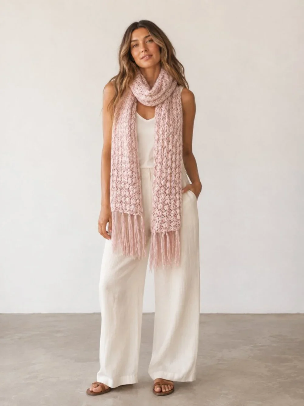 Dusty Pink Long Chunky Scarf Fringe Edges Gold Lurex NWOT